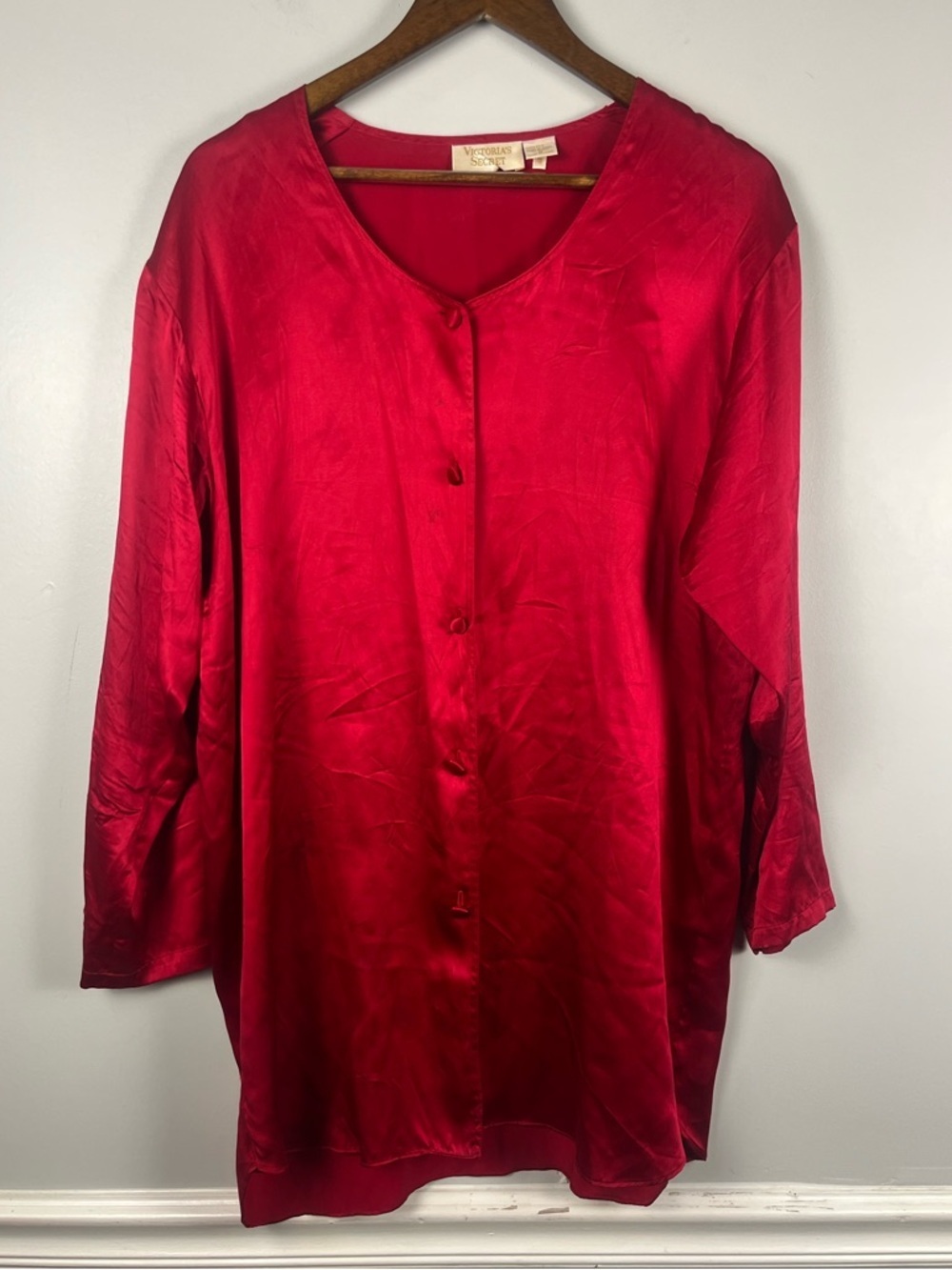 Vintage Victoria Secret Gold Label 100% Silk Red Night Dress Long Sleeve medium